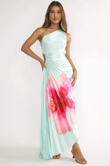 Beth Maxi Dress - Mint Floral Pleated Maxi Dress with Cut-Out