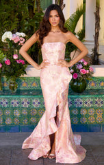 42309 - Ava Presley - Cascading Ruffle Strapless Brocade Gown