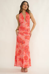 Pink Hibiscus Halter Maxi Dress