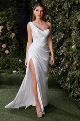 Audra Gown - Off White - ONE SHOULDER LUXE SATIN CORSET GOWN