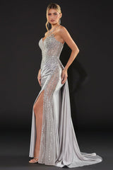 Kendra Gown – Silver Dress With Train & Skirt Inset Detail