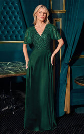 CARMINE GOWN - BEADED A-LINE DRESS WITH FLUTTER SLEEVES