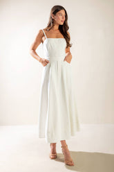LET'S GO FOR A WALK - WHITE - LACE UP BACK MIDI DRESS