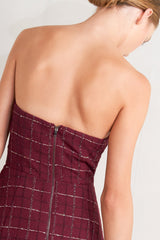 TWEED STRAPLESS MINI DRESS - WINE