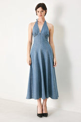 BLUE HALTER DENIM MIDI DRESS