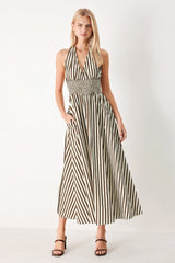 VACATION LINE STRIPED HALTER MIDI DRESS