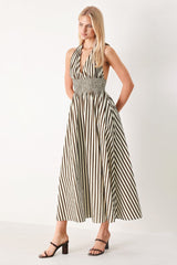 VACATION LINE STRIPED HALTER MIDI DRESS
