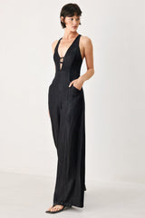 Midnight Muse Halter Jumpsuit - Black Denim