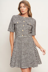 ELEGANT CHECK BROWN TWEED MINI DRESS