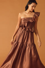 FIND THE ANSWER BROWN SATIN ONE SHOULDER MAXI DRESS