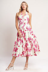 ROSY AFTERNOON PINK FLORAL HALTER MIDI DRESS