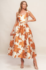 FALL FLORAL SATIN MIDI DRESS - RUST