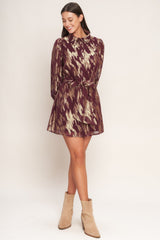 METALLIC MUSE BURGUNDY LONG SLEEVE MINI DRESS