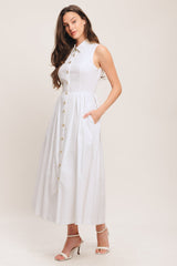 PEARL BUTTON DOWN WHITE MIDI DRESS