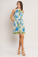 AZURE BLOOM HALTER MINI DRESS