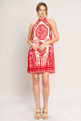 SUNSET MEDALLION PLEATED MINI DRESS