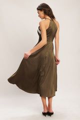 ESPRESSO CHIC HALTER SATIN MIDI DRESS