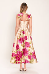 SOFT SATIN FLORAL PINK MIDI DRESS