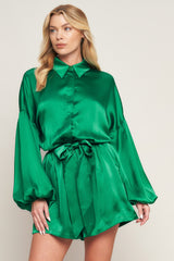 CELEBRATION TIME GREEN SATIN ROMPER WITH LONG SLEEVES - FINAL SALE