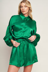 CELEBRATION TIME GREEN SATIN ROMPER WITH LONG SLEEVES - FINAL SALE