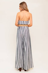GREER STRAPLESS JUMPSUIT - WHITE & CHARCOAL STRIPE