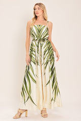 LEAFY PRINT WIDE LEG JUMPSUIT WITH POCKETS