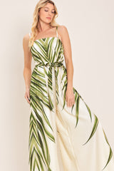 LEAFY PRINT WIDE LEG JUMPSUIT WITH POCKETS