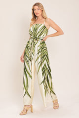LEAFY PRINT WIDE LEG JUMPSUIT WITH POCKETS