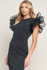 VOLUMINOUS POWER METALLIC BLACK MIDI DRESS