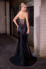 Elizaveta Gown – Beaded V-Bodice Satin Evening Dress