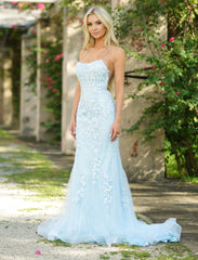 The Dutchess Gown - Light Blue - Floral Lace Dress With Straight Neckline - FINAL SALE