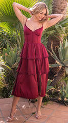 Maeve Corset Midi Dress - Burgundy Satin