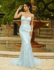 Reva Corset Gown - Light Blue Floral Lace Dress