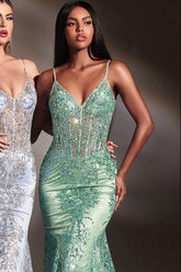Lyra Gown - Sage - FITTED FLORAL GLITTER PRINT CORSET GOWN