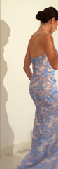 MARTA GOWN - BLUE - STRAPLESS FLORAL PRINTED SOFT CHIFFON DRESS