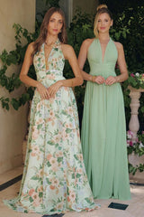 SAGE FLORAL CHEYENNE GOWN - CHIFFON HALTER DRESS