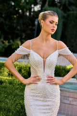 Aurelia Gown - Off White Crystal and Pearl Embellished Mermaid Dress