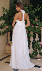 TARA GOWN - OFF-WHITE FLOWY CHIFFON HALTER DRESS