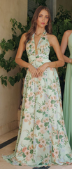 SAGE FLORAL CHEYENNE GOWN - CHIFFON HALTER DRESS