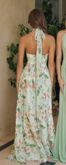 SAGE FLORAL CHEYENNE GOWN - CHIFFON HALTER DRESS