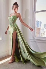 Teagan Gown - Greenery - Fitted Satin & Lace Dress