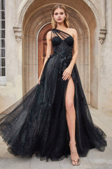 A1053 - Leila One Shoulder A-Line Tulle Gown - Andrea & Leo