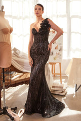 A1392 - ONE SHOULDER FULLY BEADED FLORAL MOTIF GOWN - BLACK/NUDE - Andrea & Leo