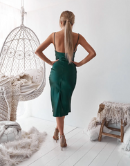 Aspen Midi Dress - Emerald Green Satin Slip Dress - FINAL SALE
