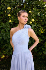 Minna Gown - Rosette One Shoulder A-line Shimmer Chiffon Dress