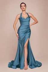 Autumn Gown - Stretch Spandex Satin Halter Fitted Dress