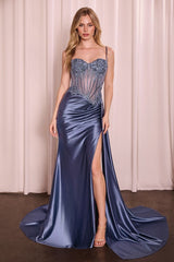 Teagan Gown - Smoky Blue - Fitted Satin & Lace Dress