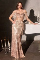 Nyla Gown - Rose Gold - Sequin Flapper Fringe Dress