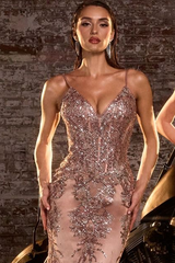 Lyra Gown - Mocha Gold - FITTED FLORAL GLITTER PRINT CORSET GOWN