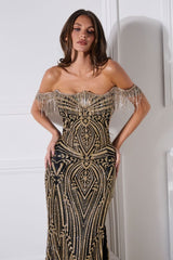 Astoria Gown - Off The Shoulder Crystal Fringe Dress